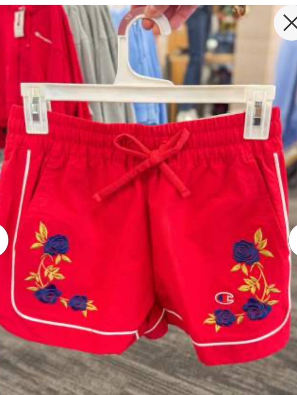 Champion Red Athletic Shorts with Blue & Yellow Floral Embroidery